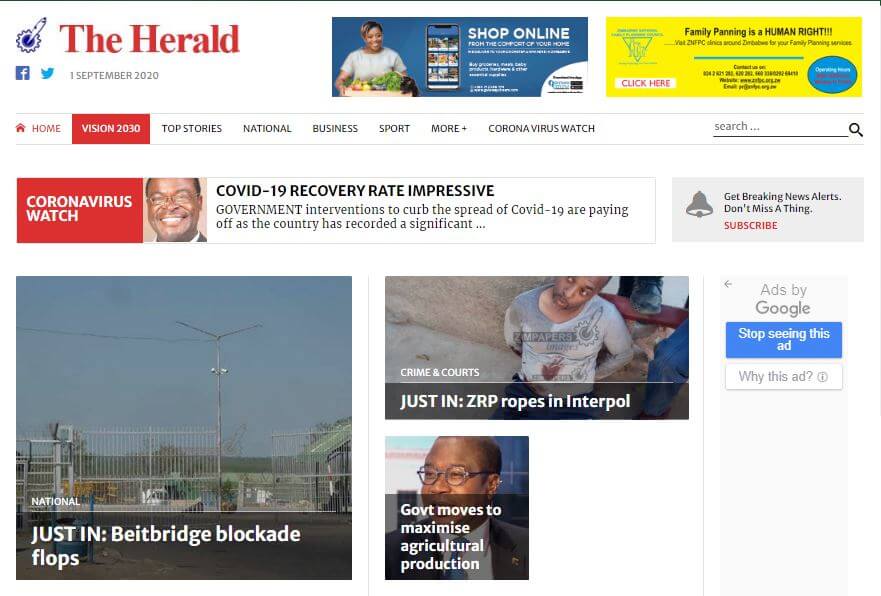 Zimbabwe 1 Herald website