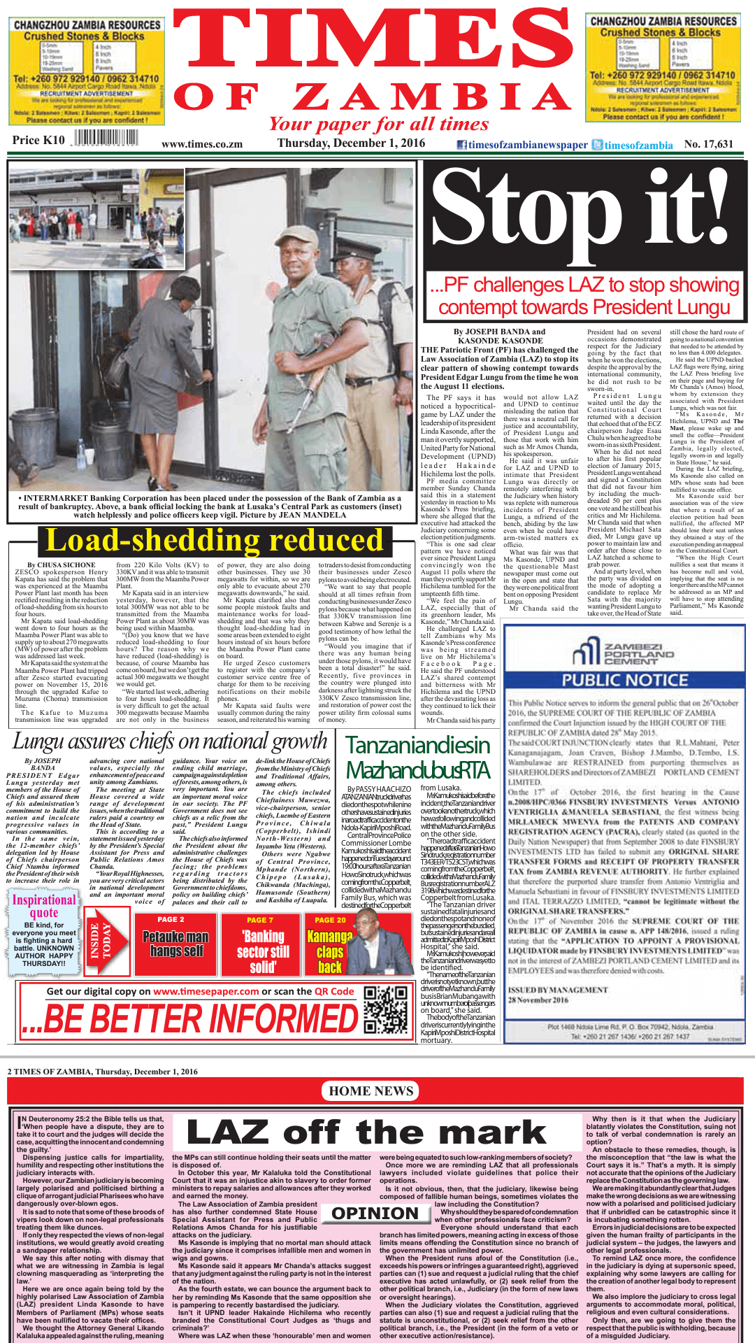zambia newspapers 10 Times of Zambia