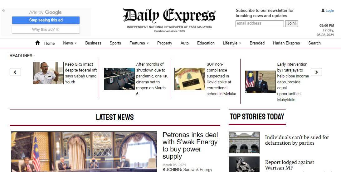 Malaysia Newspapers 18 Express website