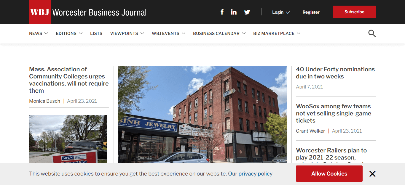 Massachusetts Newspapers 26 Worcester Business Journal website