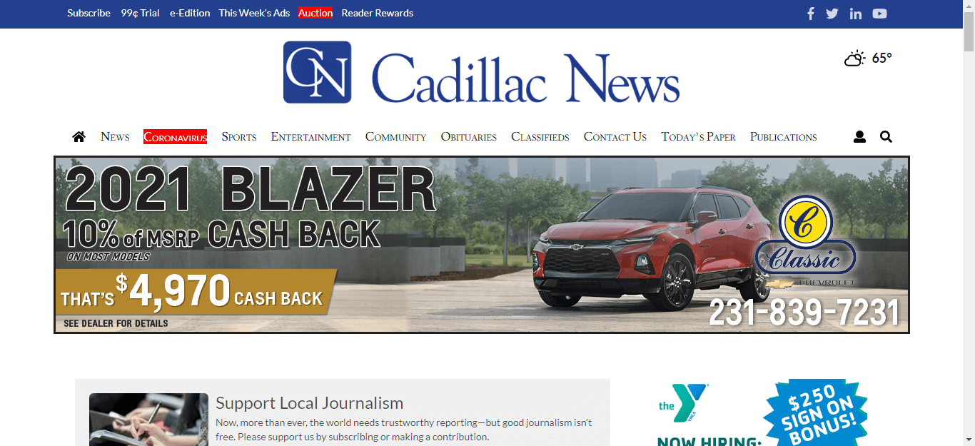 Michigan Newspaper 22 Cadillac Evening News website