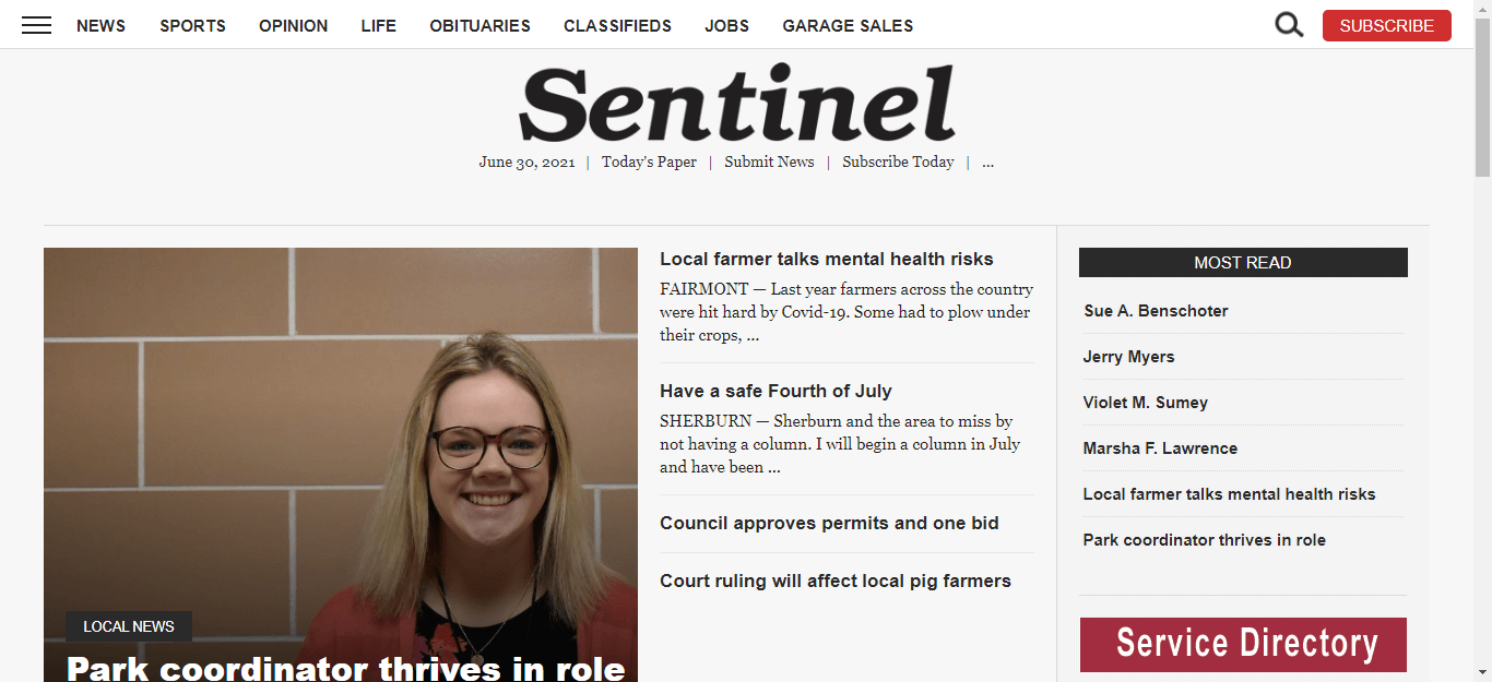 Minnesota newspapers 52 Fairmont Sentinel website