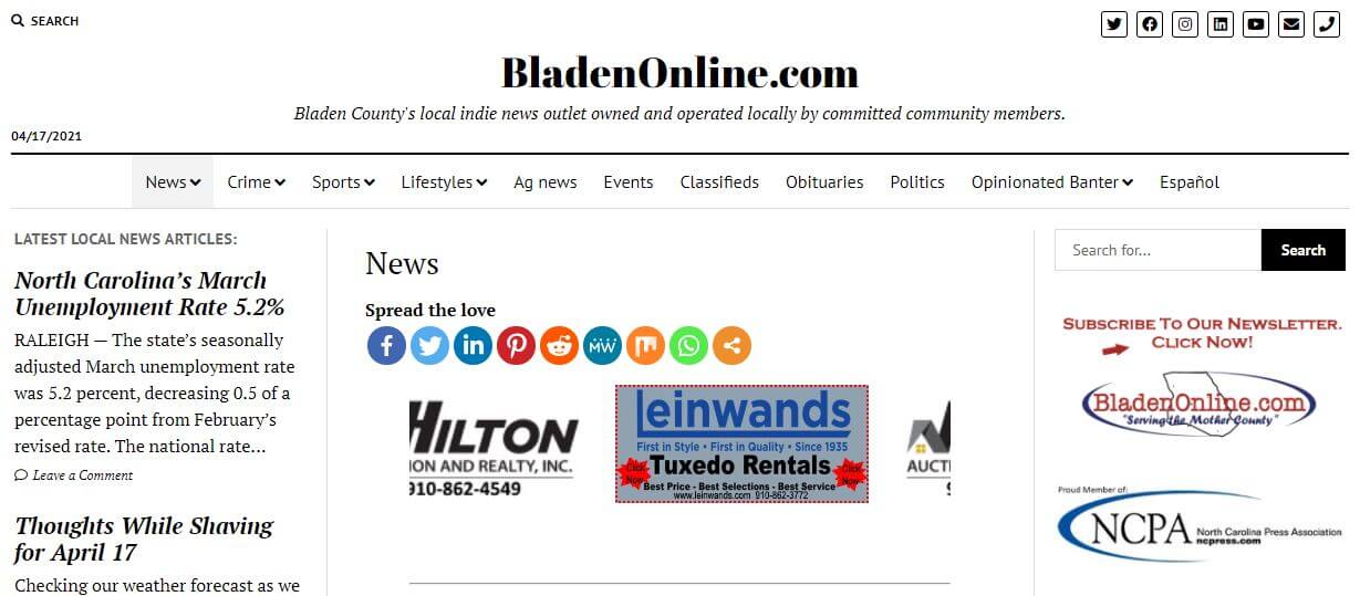 North Carolina newspapers 44 Bladen Online website