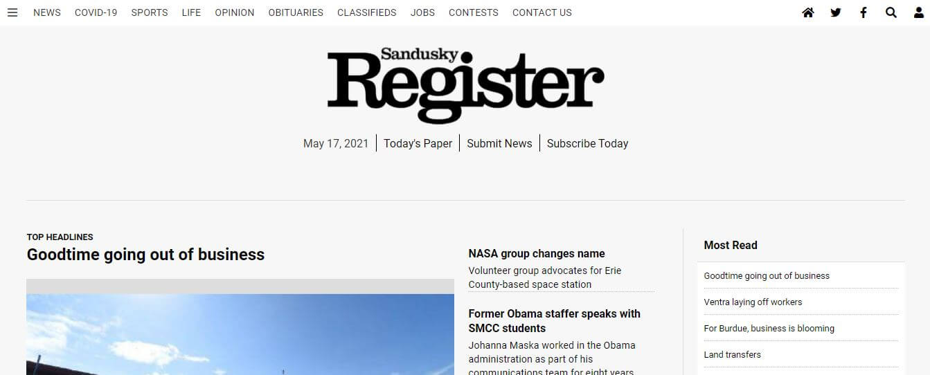 Ohio newspapers 12 Sandusky Register website
