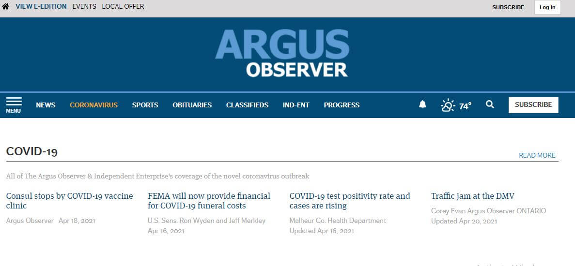 Oregon newspapers 48 Ontario Argus Observer website