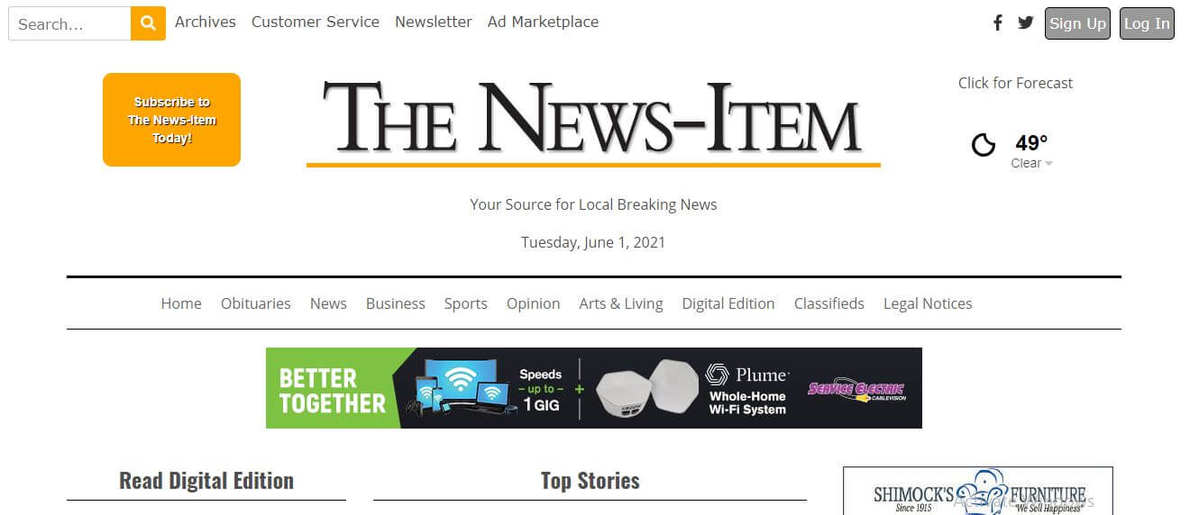 Pennsylvania newspapers 91 The News Item website
