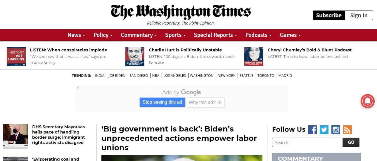 Washington newspapers 2 The Washington Times website