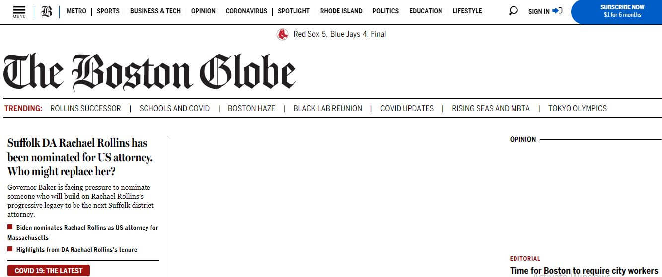 US newspapers 16 Boston Globe website